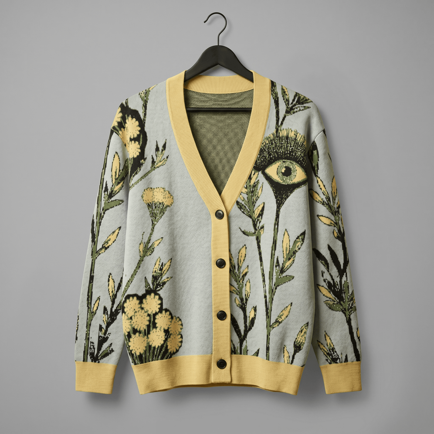 Riffhaus TANSY EYE cardigan on hanger showing black buttons and ribbed yellow cuffs
