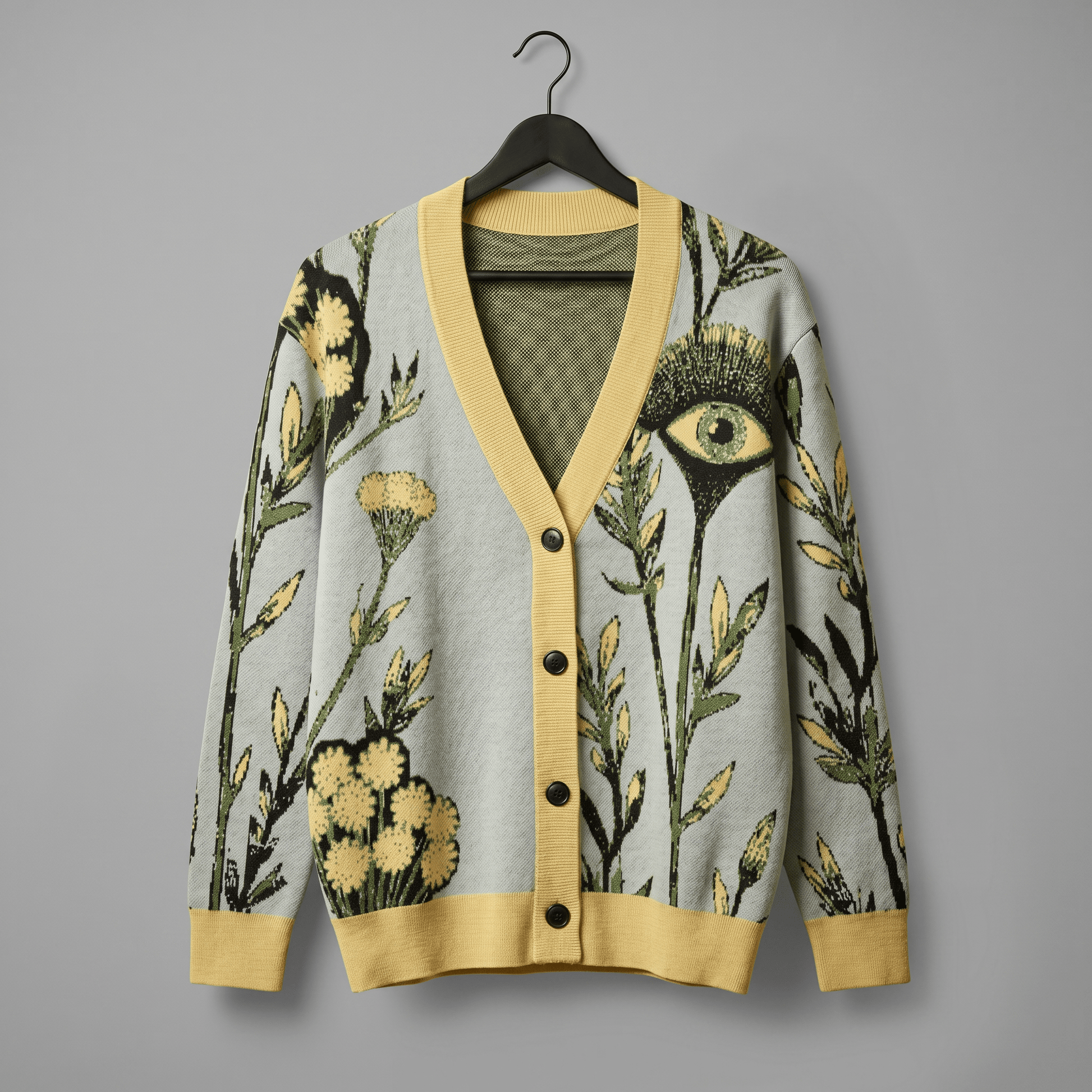 Riffhaus TANSY EYE cardigan on hanger showing black buttons and ribbed yellow cuffs