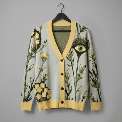 Riffhaus TANSY EYE cardigan on hanger showing black buttons and ribbed yellow cuffs
