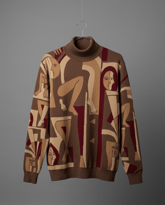 Tobacco, parchment and oxblood jacquard knit turtleneck sweater with abstract figure pattern