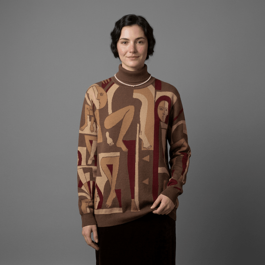 Oversized jacquard knit turtleneck sweater featuring artistic figure designs in brown and red