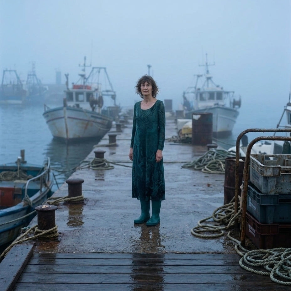 Teal long-sleeve dress with coral pattern on wet dock