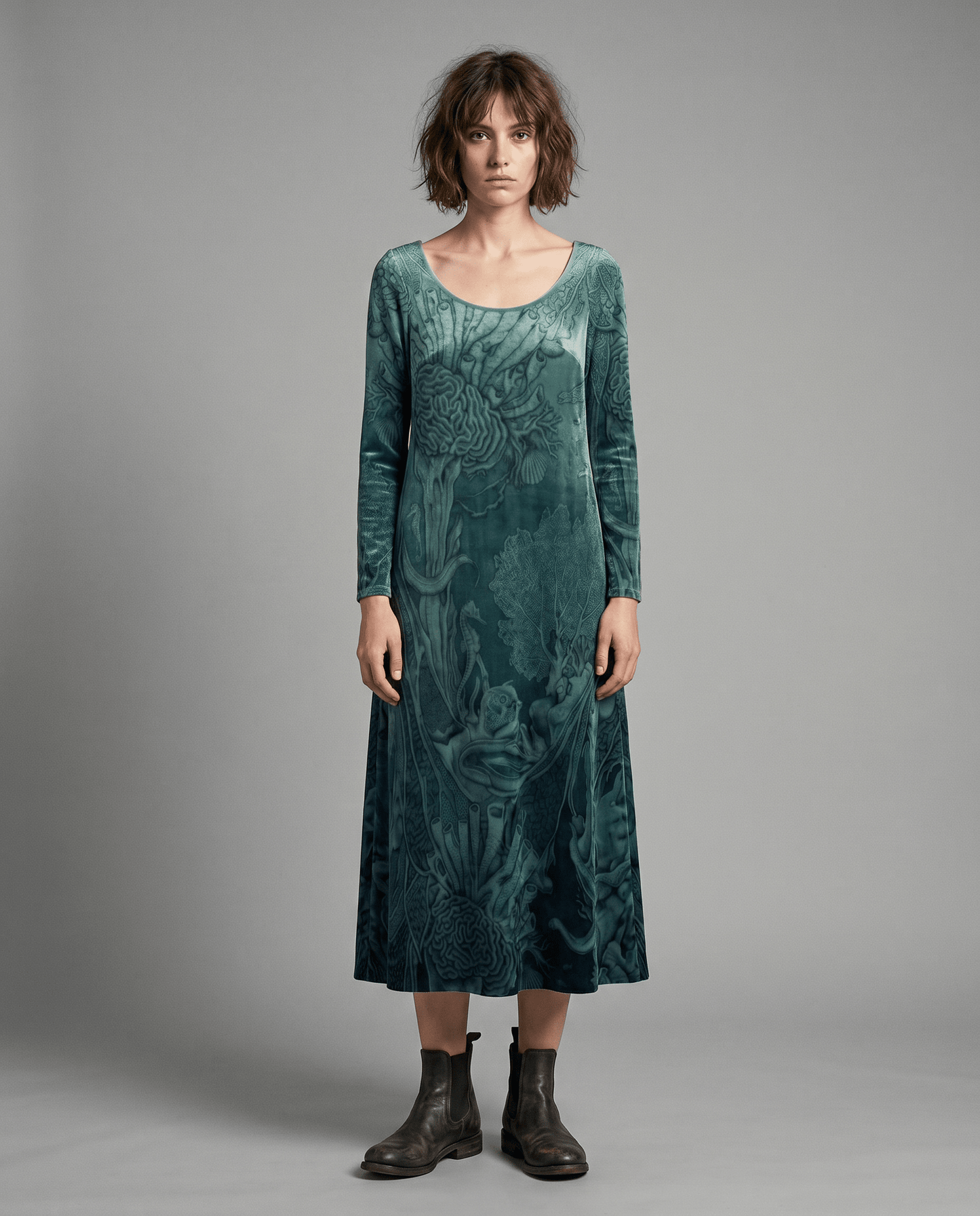 Front portrait of model in teal velvet dress with embedded sea creature design