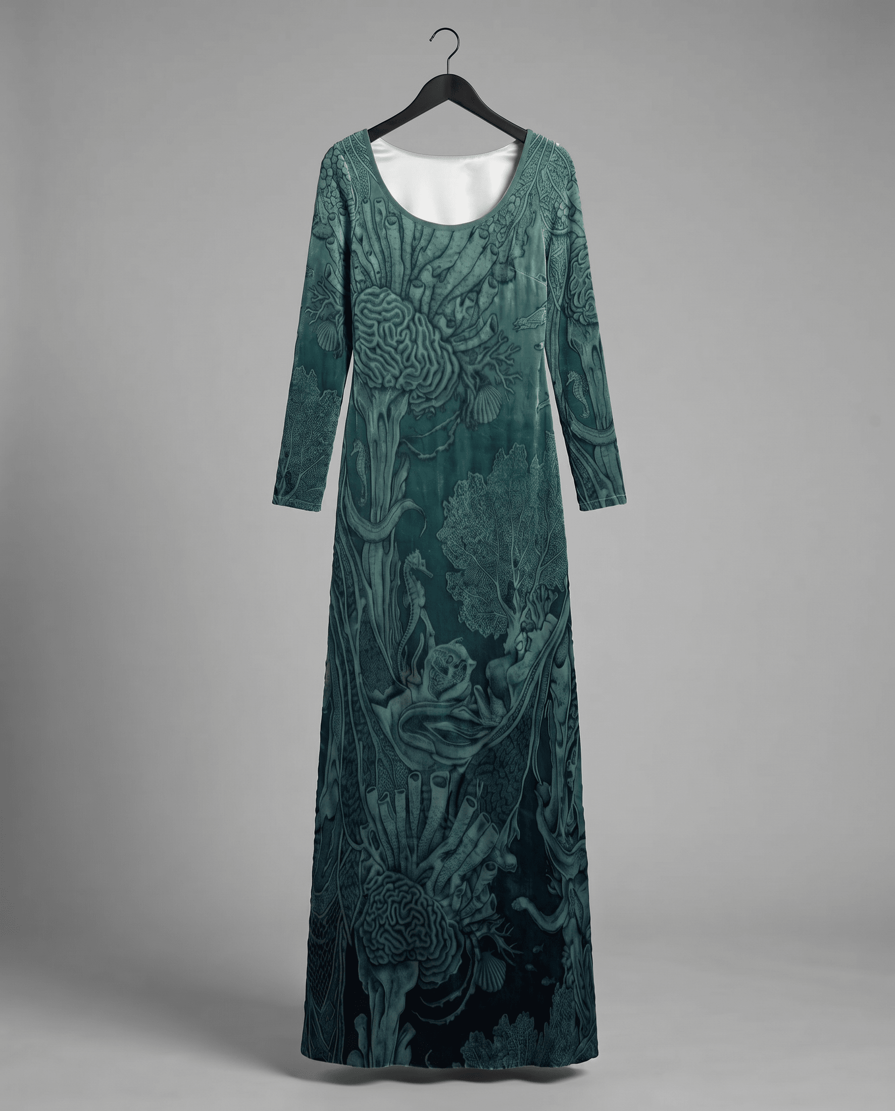 Teal gradient velvet dress on hanger featuring edge-to-edge marine reef pattern