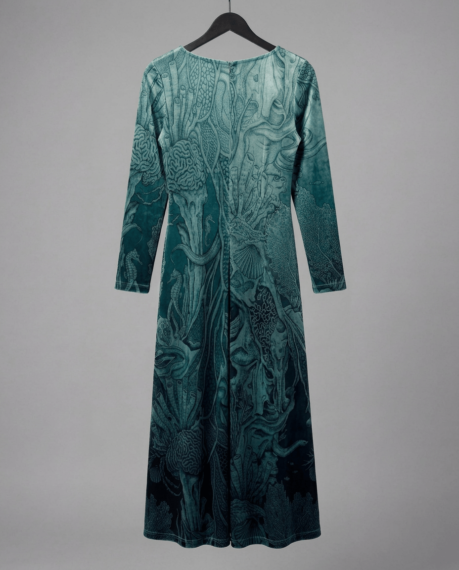 Back view of velvet Abyssal Garden dress with marine coral and seahorse pattern