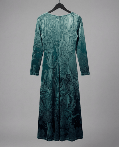 Back view of velvet Abyssal Garden dress with marine coral and seahorse pattern