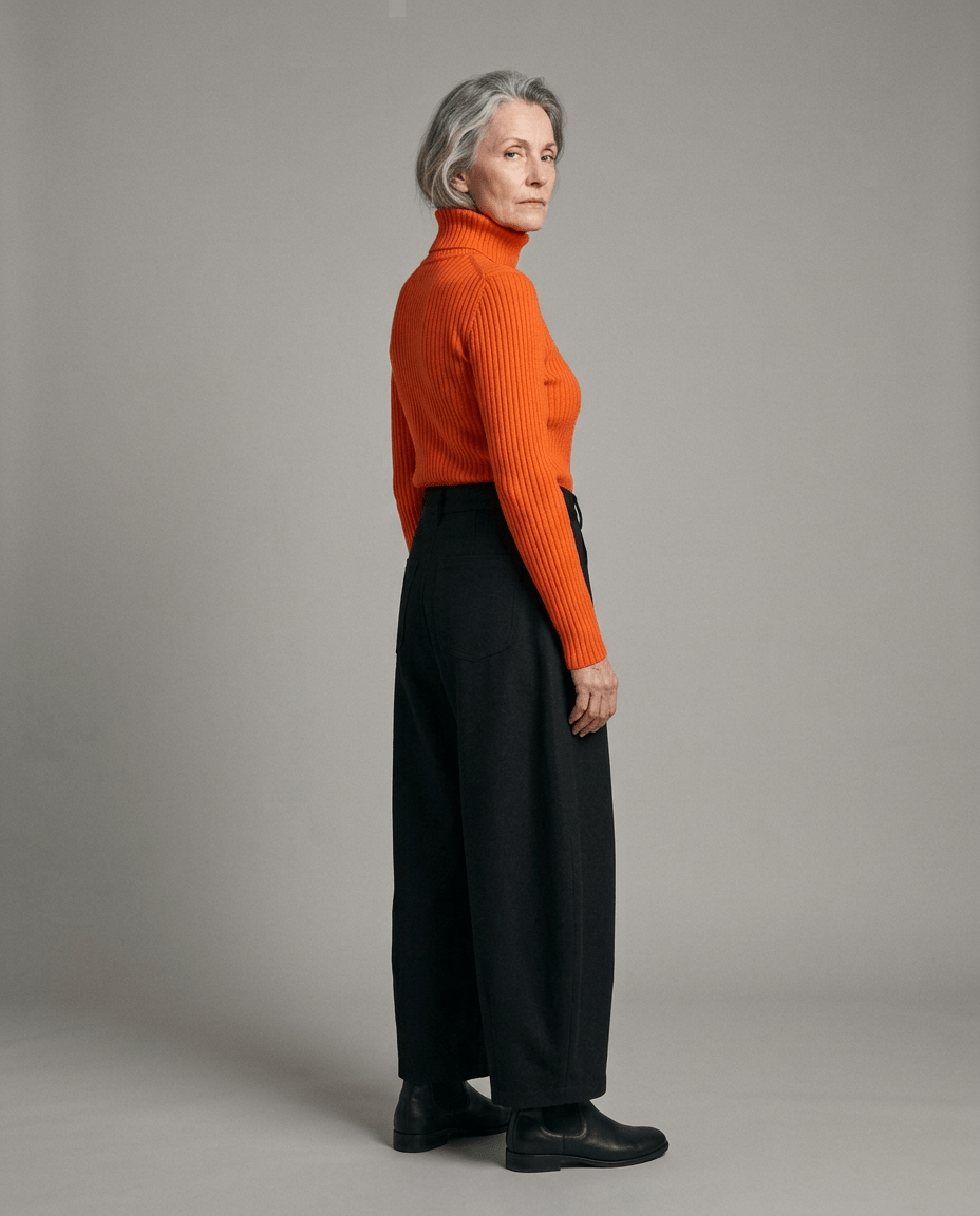 Side profile of black voluminous cropped pants ending above ankle