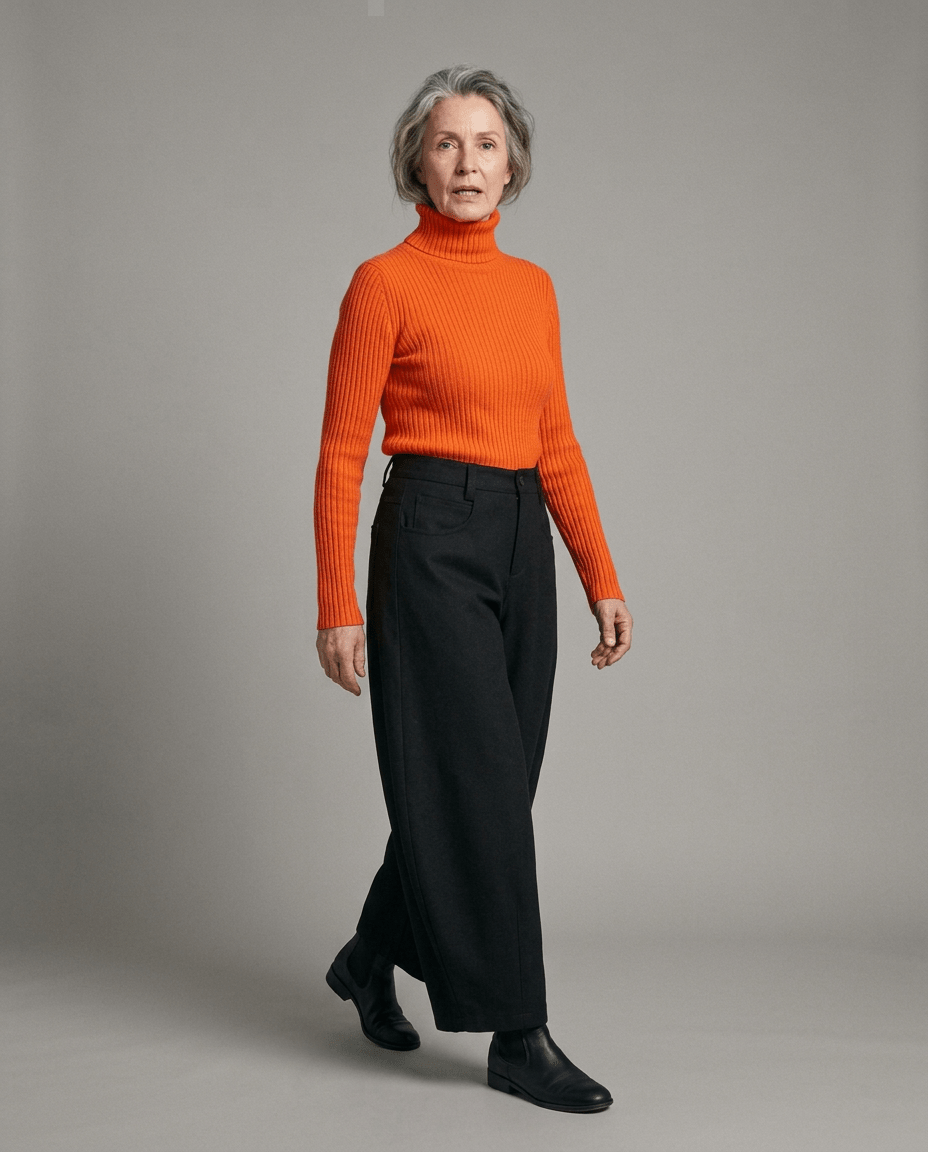Black wide-leg cropped pants with front pleats styled with orange turtleneck