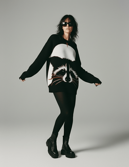 Black Riffhaus raccoon sweater showing loose fit on model