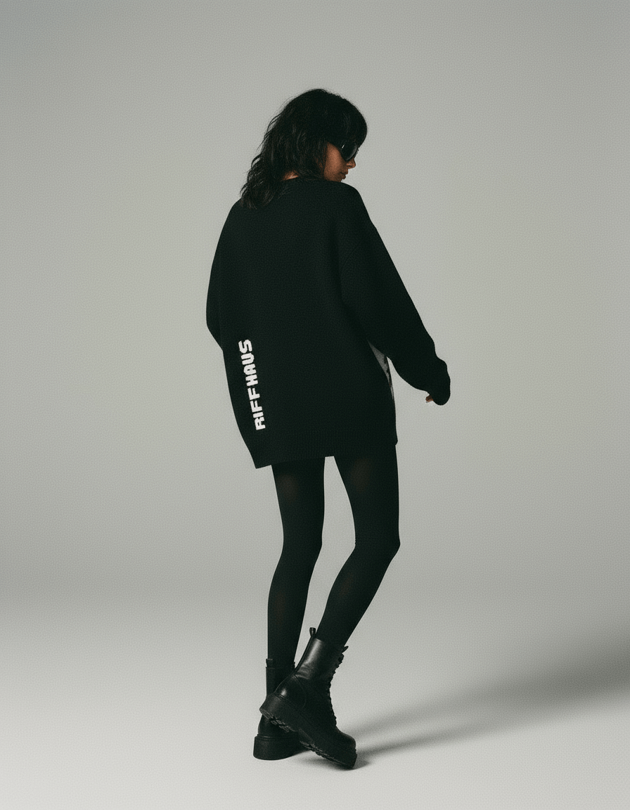 Back view of black sweater with vertical RIFFHAUS sleeve text