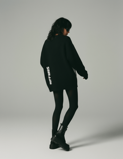 Back view of black sweater with vertical RIFFHAUS sleeve text