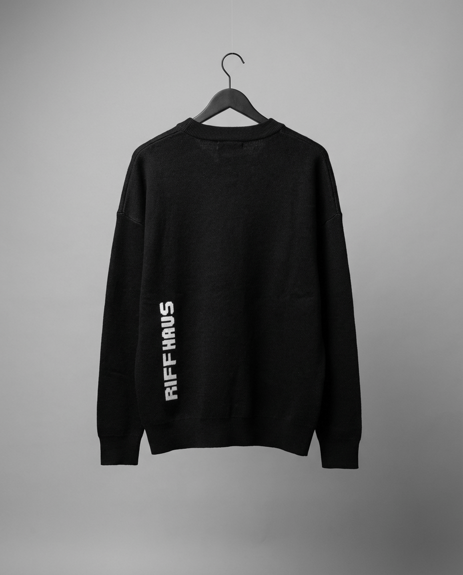 Black sweater back view with RIFF HAUS sleeve branding