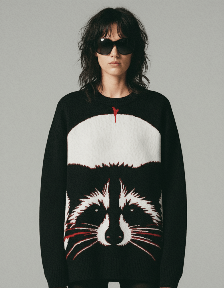 Black knit sweater with detailed raccoon face graphic texture