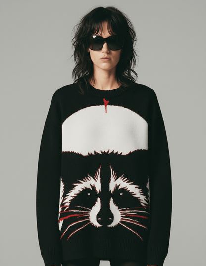 Black knit sweater with detailed raccoon face graphic texture