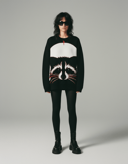 Black oversized knit sweater with white and red raccoon face graphic