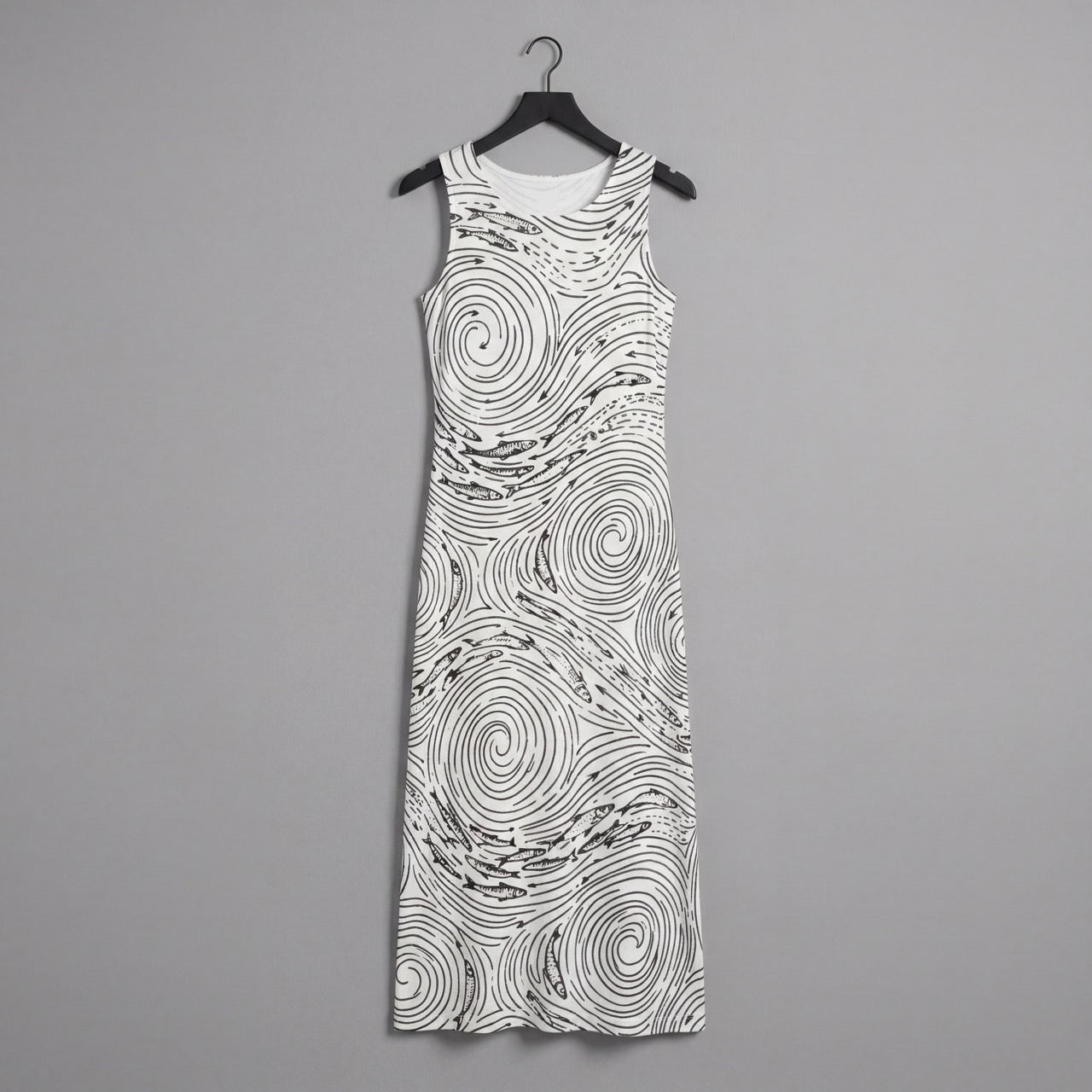 Sleeveless off-white dress featuring black abstract vortex and fish pattern