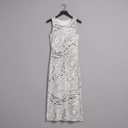 Sleeveless off-white dress featuring black abstract vortex and fish pattern