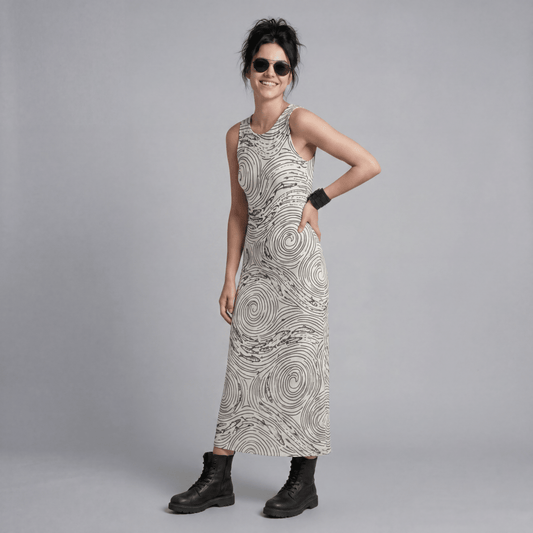 THE STREAM sleeveless stretch dress with black fish vortex pattern on cream