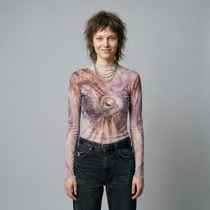 The Teacher octopus print long sleeve top with ruffled neckline in soft mauve and beige