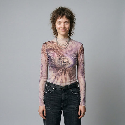 The Teacher octopus print long sleeve top with ruffled neckline in soft mauve and beige