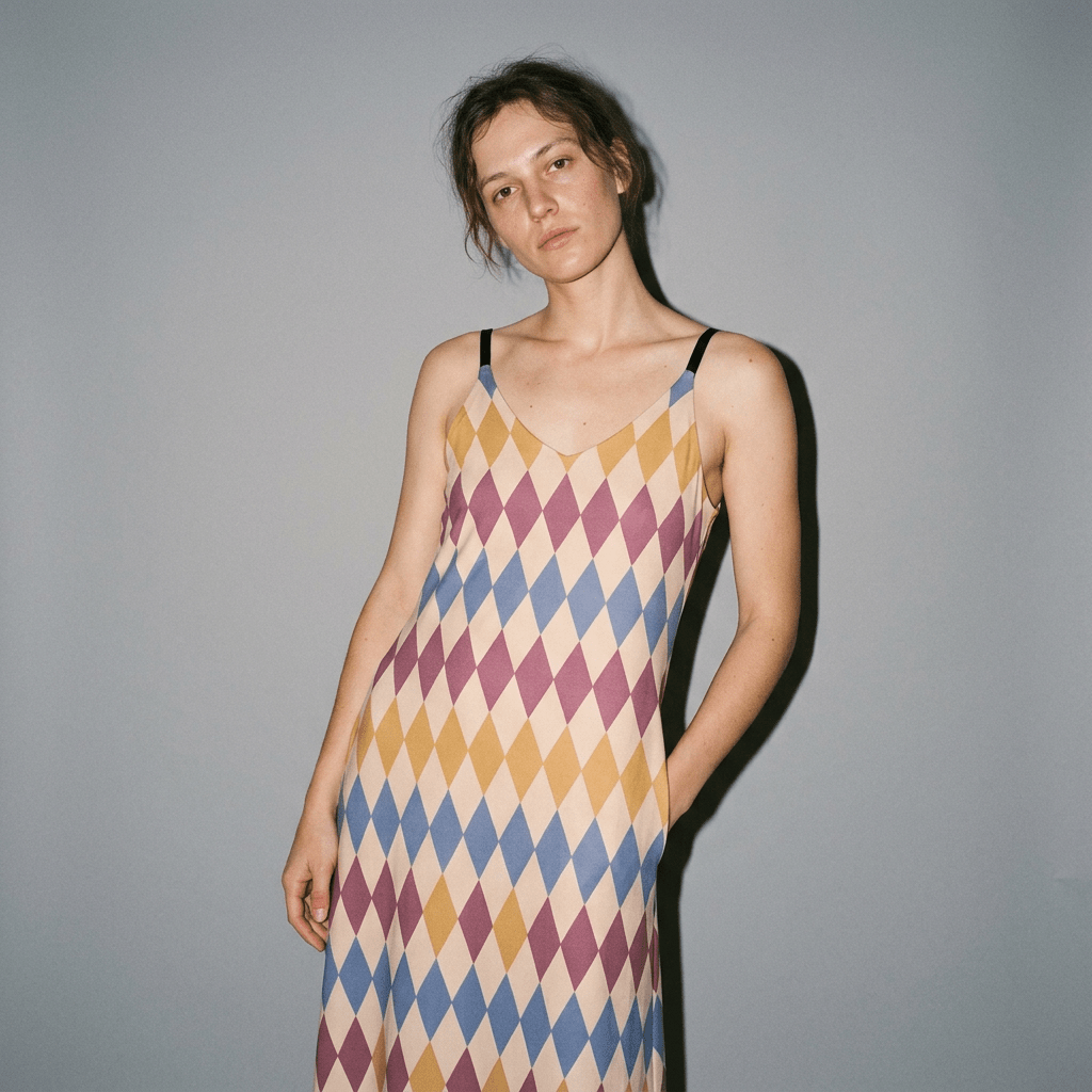Ivory mustard plum and dusty blue harlequin diamond print long slip dress with scoop neck