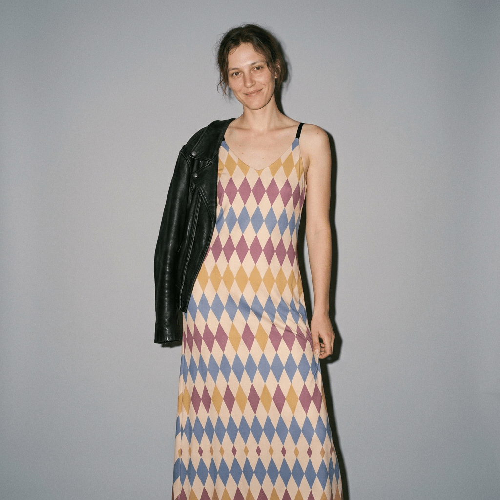Patterned long slip dress styled with black leather jacket for layering