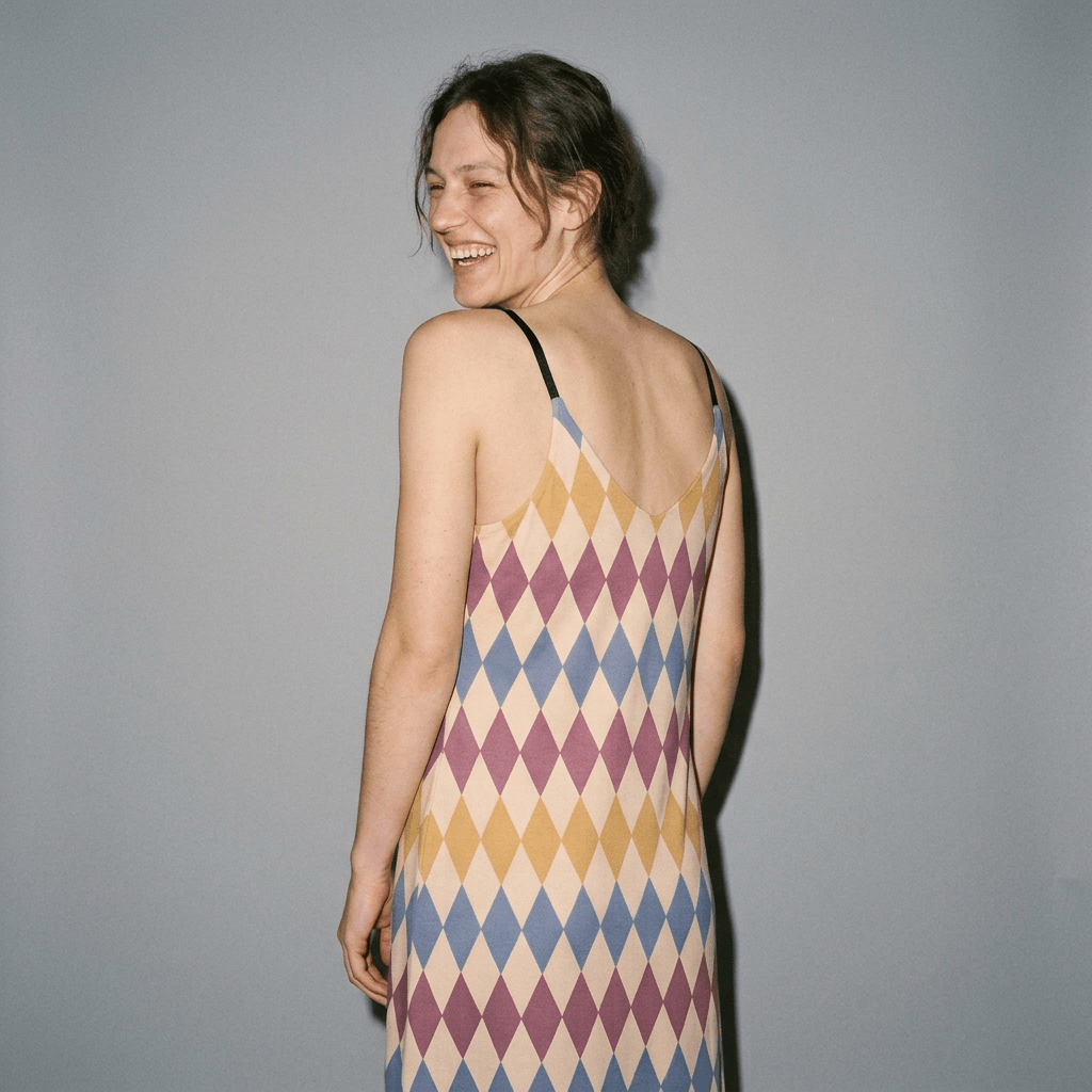 Back view of faded argyle pattern sling dress showing V-shaped cut and slender straps