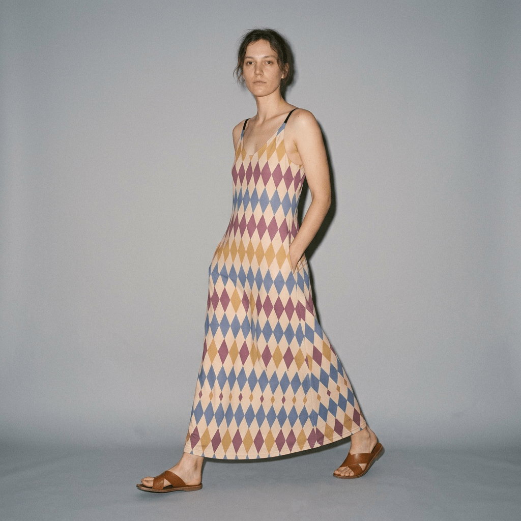 Model walking in diamond print slip dress demonstrating side pockets and regular fit