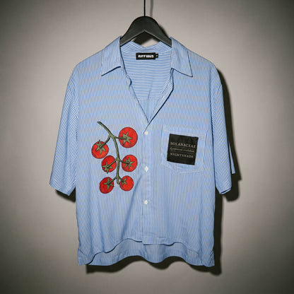 Riffhaus light blue pinstripe shirt on hanger showing casual drape and embroidery