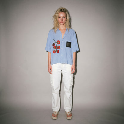 Riffhaus lightweight woven pinstripe shirt with tomato embroidery worn by model