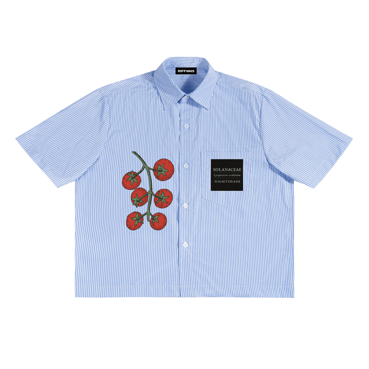 Riffhaus light blue pinstripe short sleeve button up shirt with tomato vine embroidery