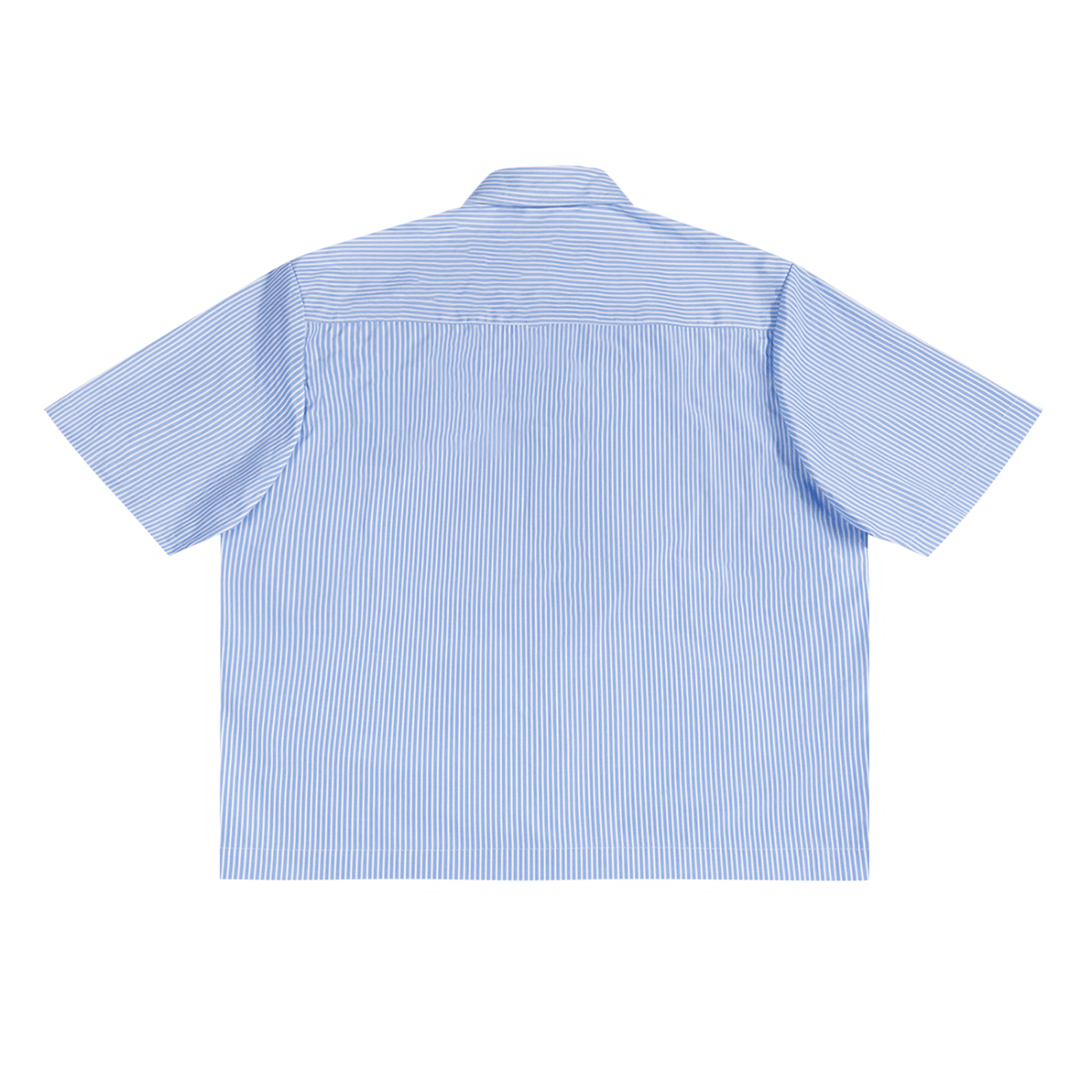 Back view of Riffhaus light blue and white vertical pinstripe short sleeve shirt