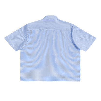 Back view of Riffhaus light blue and white vertical pinstripe short sleeve shirt