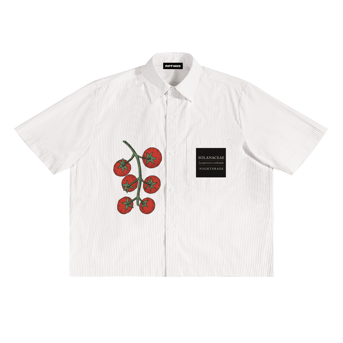 Riffhaus white and gray pinstripe short sleeve shirt with embroidered tomatoes