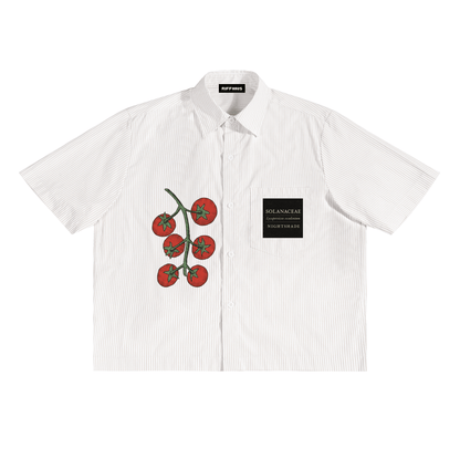 Riffhaus white and gray pinstripe short sleeve shirt with embroidered tomatoes