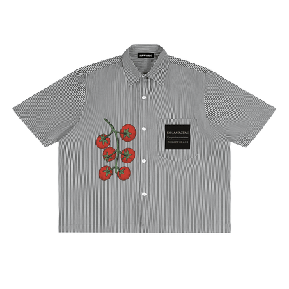Riffhaus black and white pinstripe short sleeve button up shirt with tomato embroidery