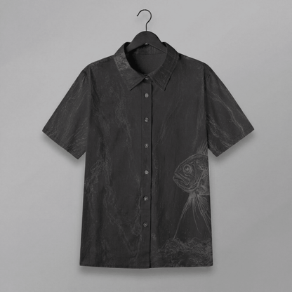 Front view of dark gray slub cotton short sleeve button up shirt with fish print