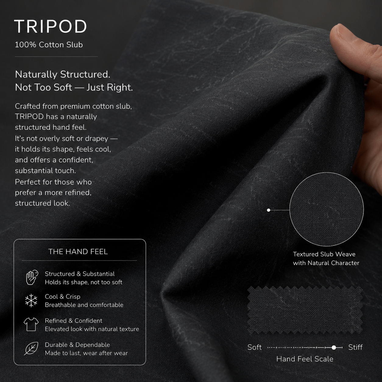 Close up of dark gray 100% cotton slub fabric texture and weave detail
