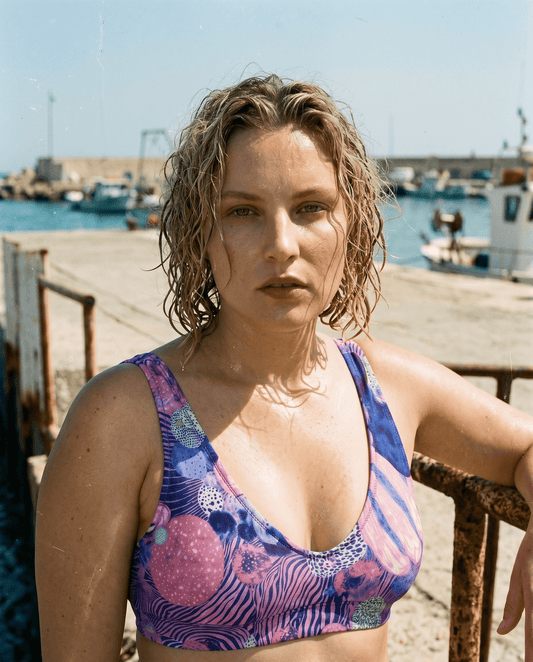 Woman wearing fluid pink blue purple print sports bra near harbor water
