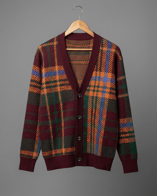 Front view of oversized plaid knit cardigan with button placket