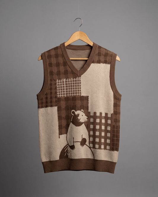 Full front view of THE BEAR ACT unisex V-neck sweater vest with bear illustration