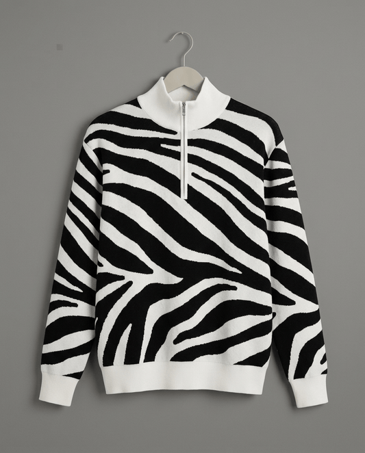 Flat lay of black and ivory zebra stripe knit quarter-zip sweater on hanger showing ribbed texture and ivory details