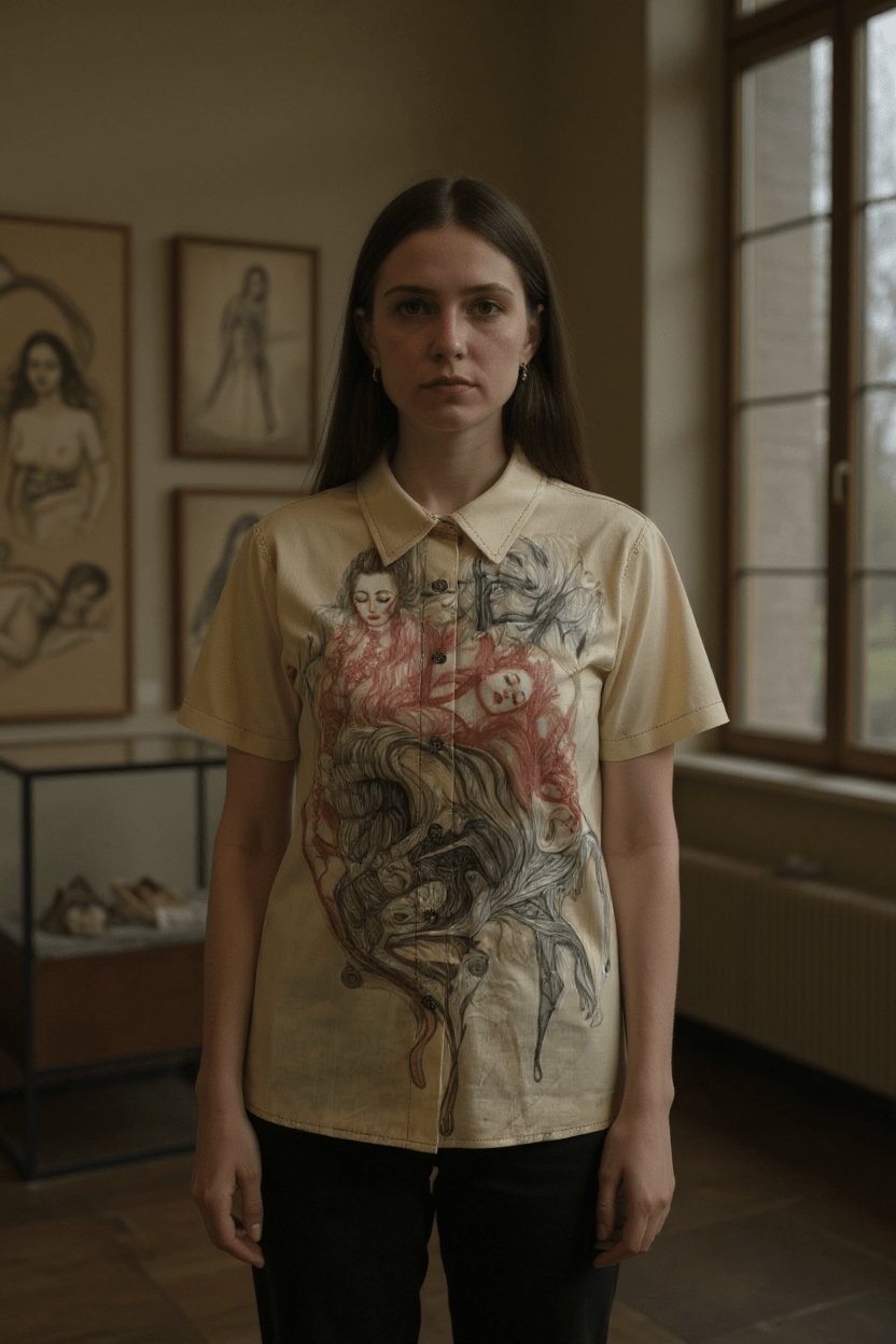 Riffhaus Women's Slub Cotton Shirt - Regular Fit - Sad Woman Abstract Art Print Japanese Breakfast Melancholy Riff