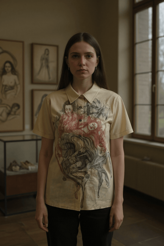 Riffhaus Women's Slub Cotton Shirt - Regular Fit - Sad Woman Abstract Art Print Japanese Breakfast Melancholy Riff