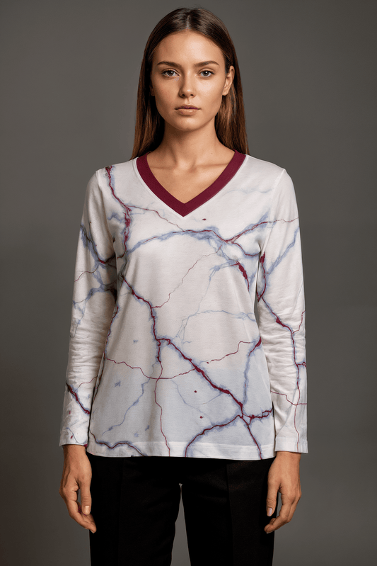 CRACKED by Riffhaus - Women's Loose V-Neck T-Shirt With Long Sleeve - Sofia Isella Riff