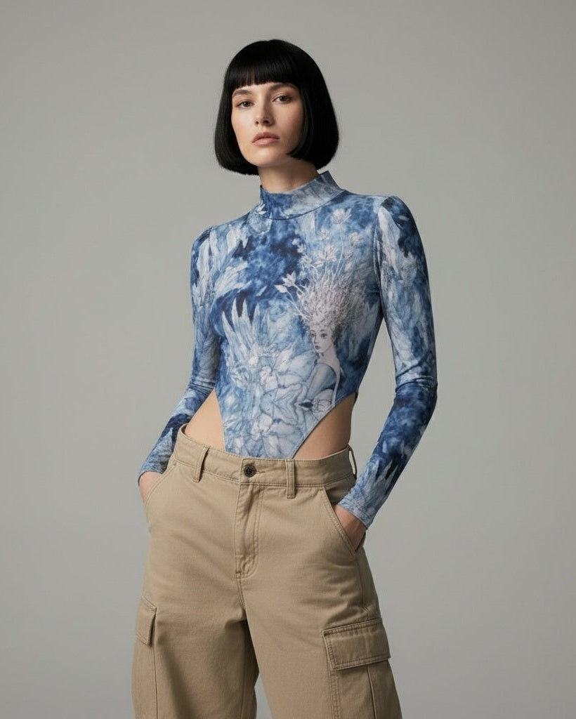 SNOW QUEEN - Women's Turtleneck Long Sleeve Highcut Jumpsuit - Frozen Aurora Riff