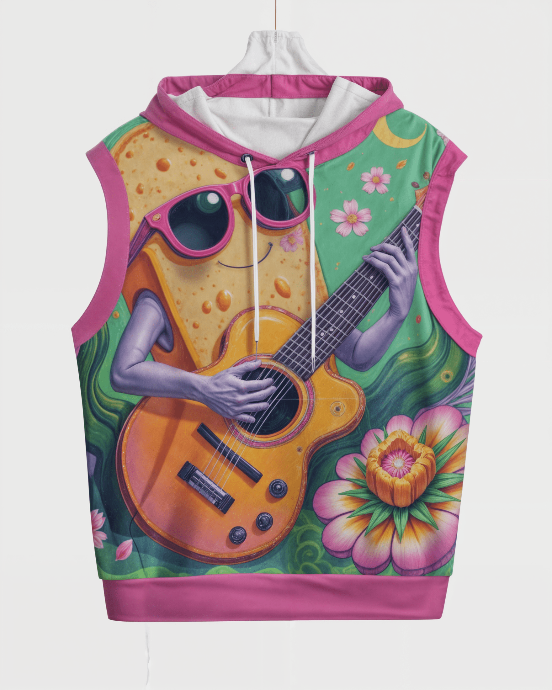 Riff Haus Unisex Hooded Vest with Guitar Bread Print | 100% Cotton | Kangaroo Pocket