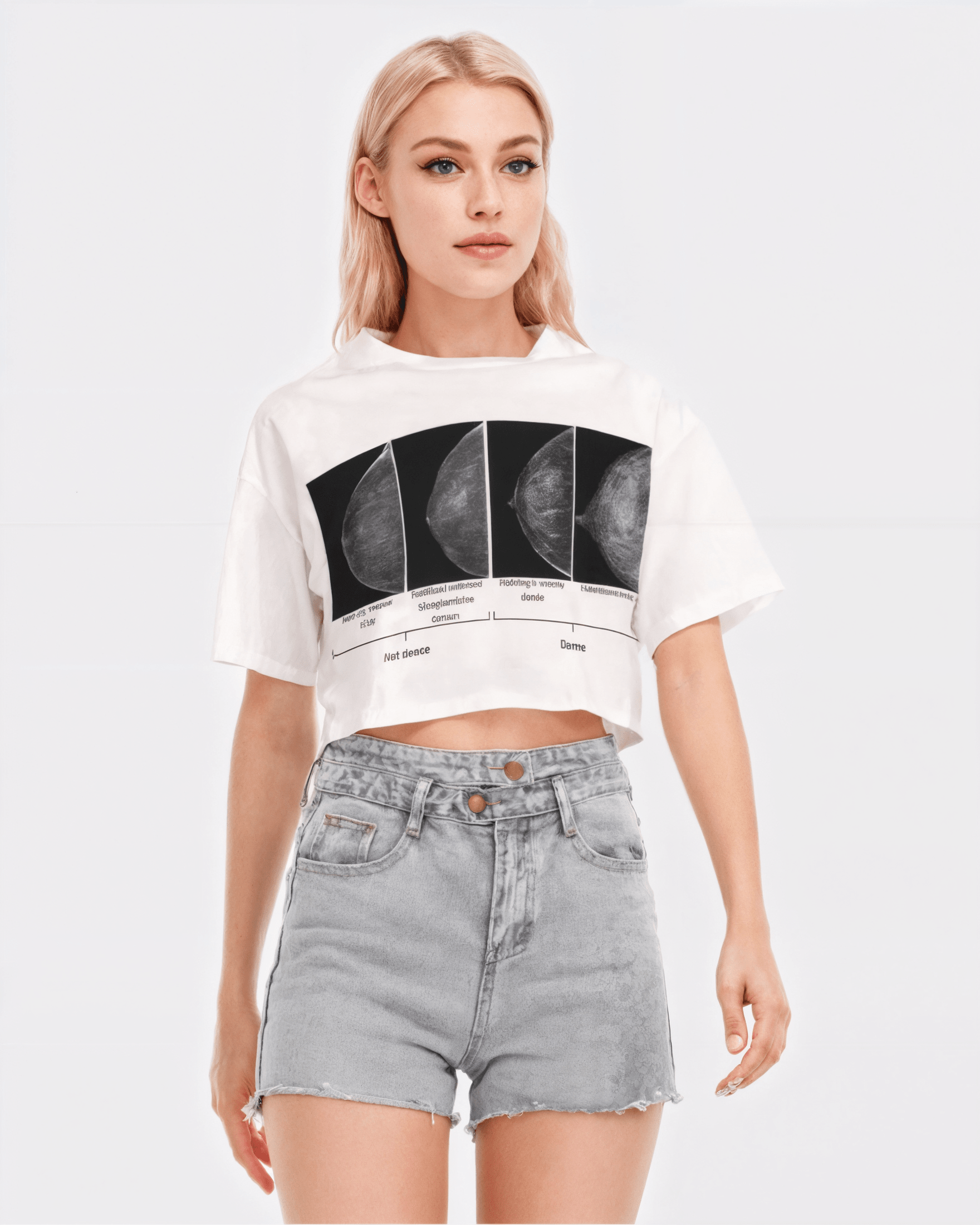 Woman wearing a white crop top with black graphic design and light blue shorts on a white background. The graphic is a mammogram 