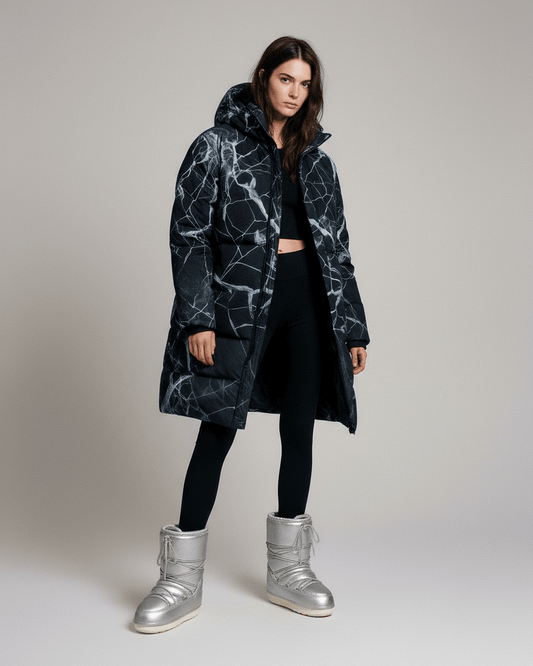 SHATTERED by Riffhaus -Unisex Long Down Jacket - Aurora Frozen Riff