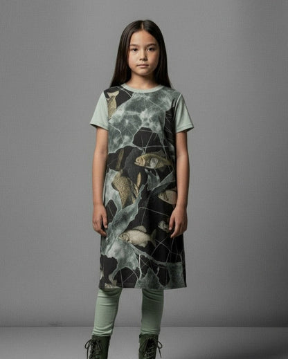 LAST TINY FISH by Riffhaus - Kid's Short Sleeve Dress - Aurora Frozen Riff